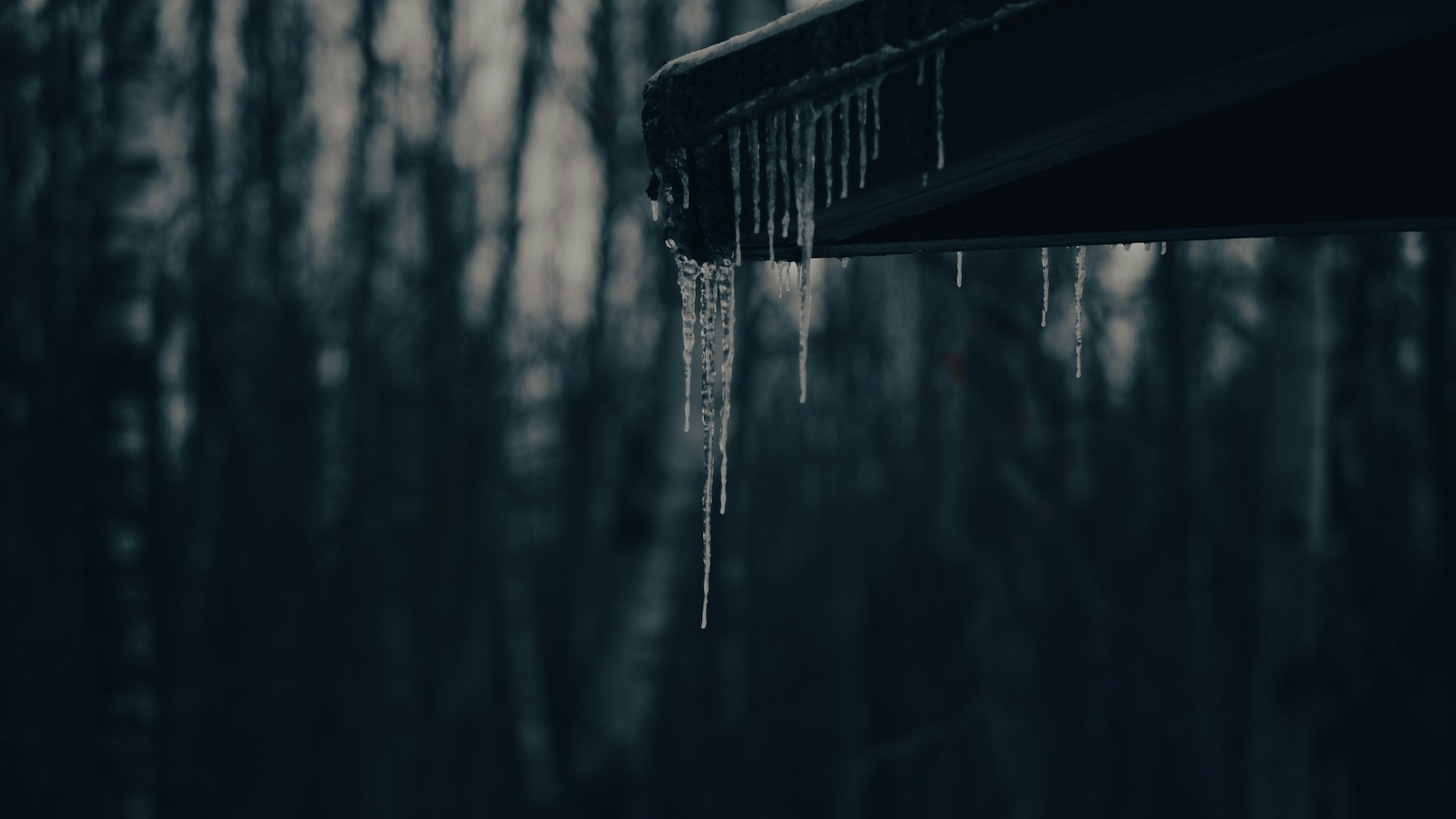 Winter ice buildup near a roof edge and gutter